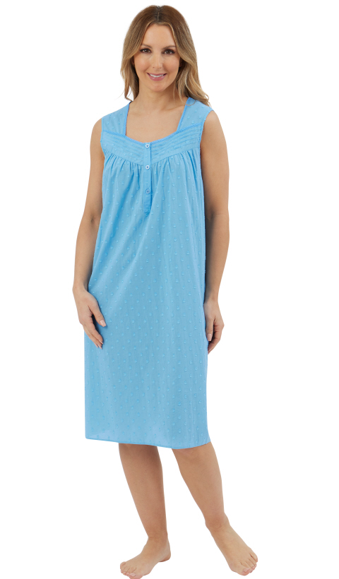 Marlon 100% Cotton Dobby Swiss Dot Woven Cotton Range With Lace Trim Sleeveless Nightdress